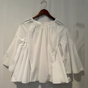 Co Cotton Peasant Blouse w. Bell Sleeves & Wide Shirring on Sides - White - S